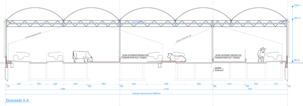 Bouwtekening stalrenovatie - over oude stal heengebouwd